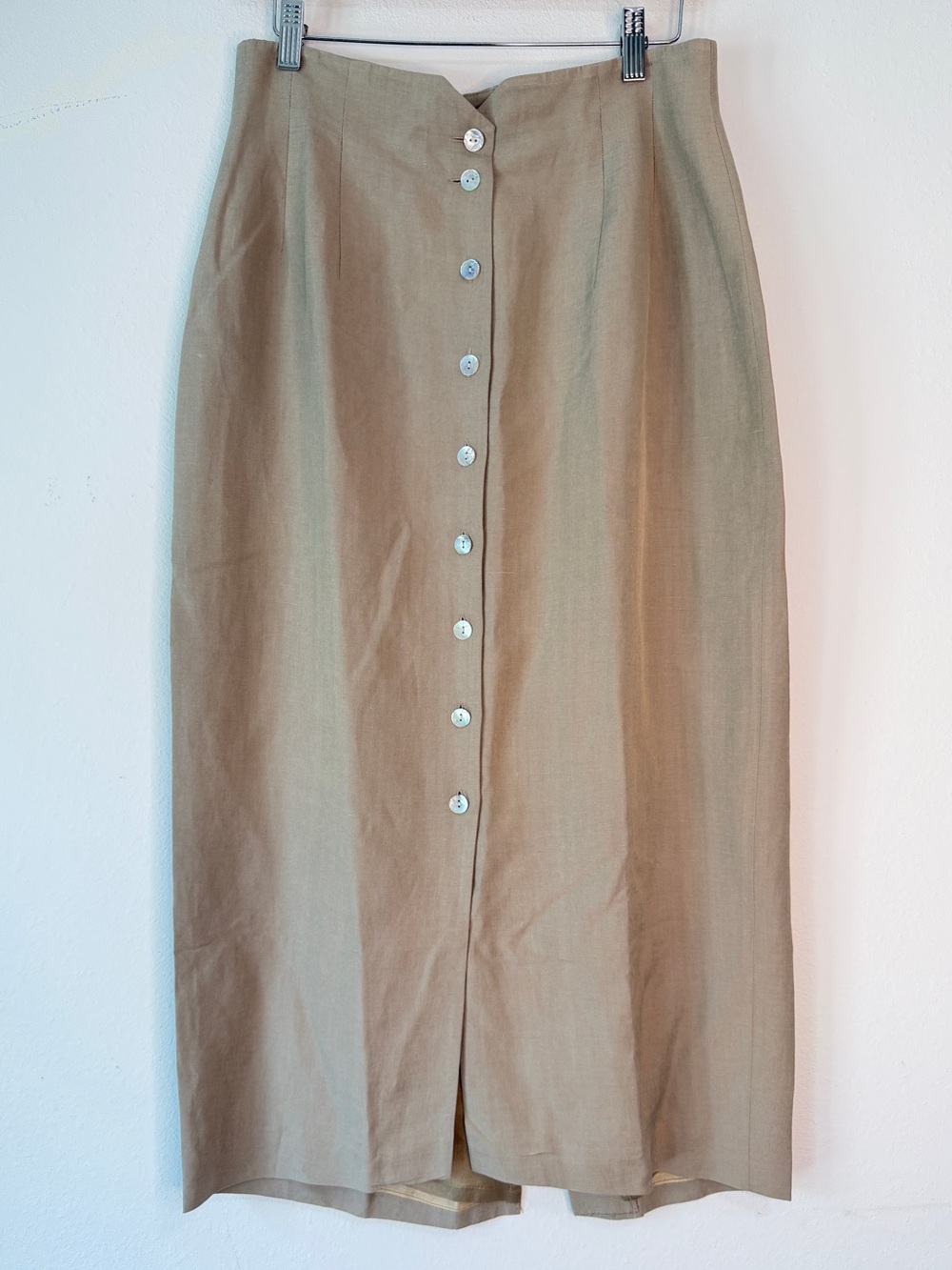 Vintage 90s Express Silk Linen Blend Midi Maxi‎ Skirt Tan Button Front Waist 30"